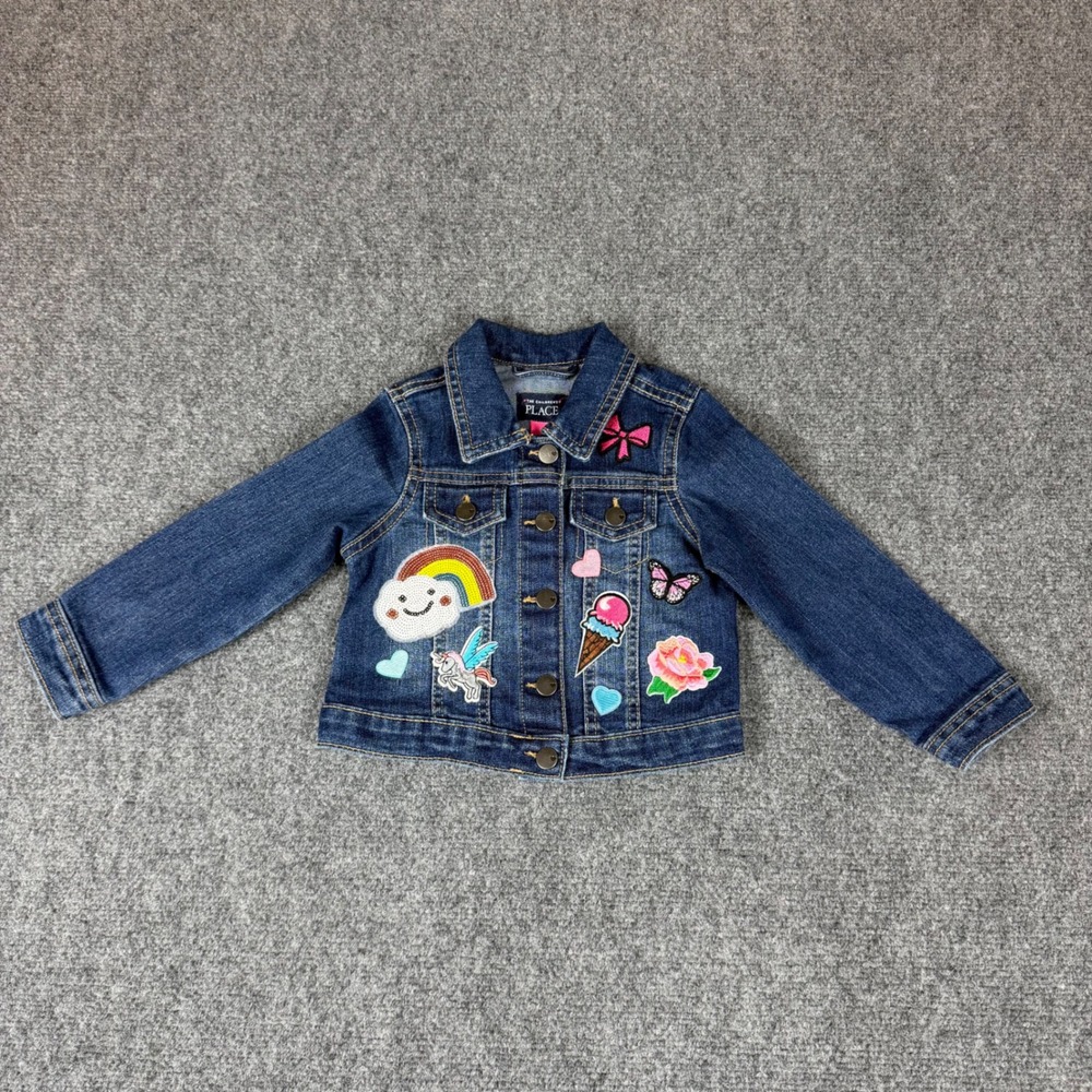 The Childrens Place Girls Denim Jacket Blue 2T Rainbow Unicorn Princess Patches